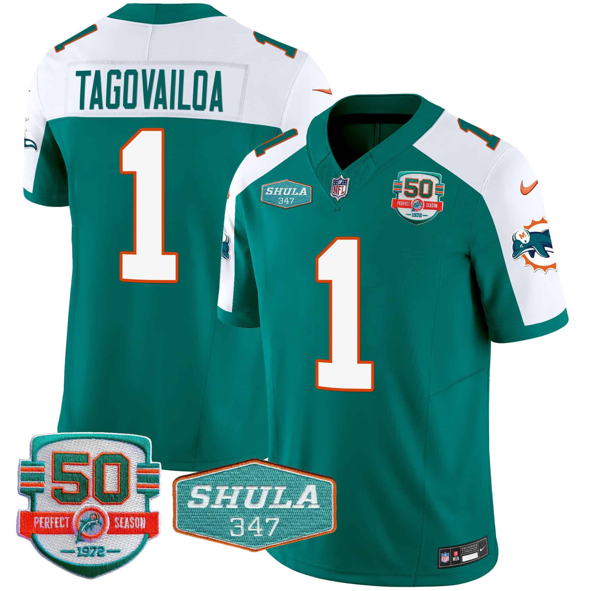 Men Miami Dolphins #1 Tagovailoa Green 2024 Nike Throwback Shula 347 Patch Vapor NFL Jersey